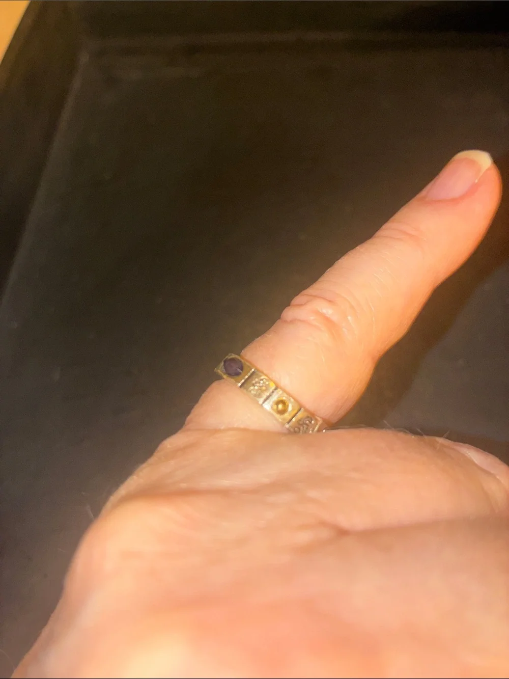Gold-Tone Stretch Ring with Blue Cabochon Oval Stone